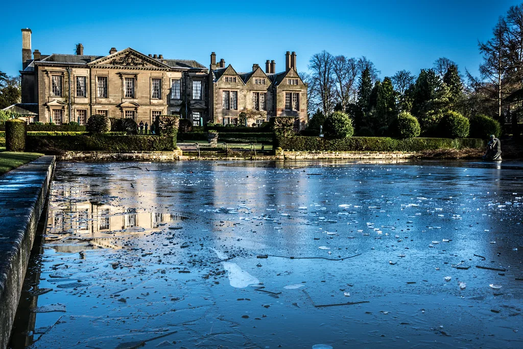 Coombe Abbey across frozen water in January. The park is in Rugby borough, though it has a Coventry postcode