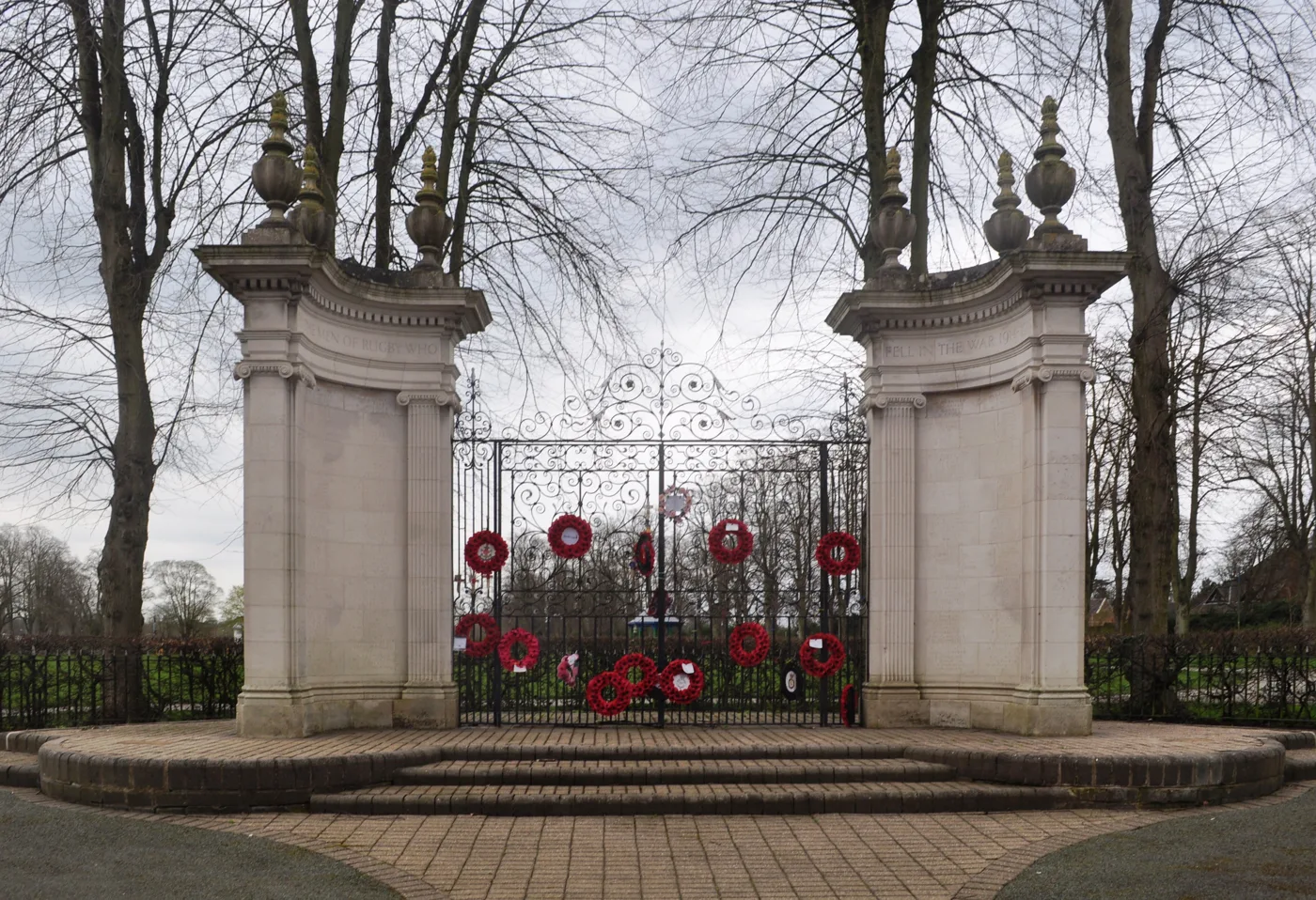 The War Memorial gates on Hillmorton Road, where Rugby's Remembrance Sunday service is held